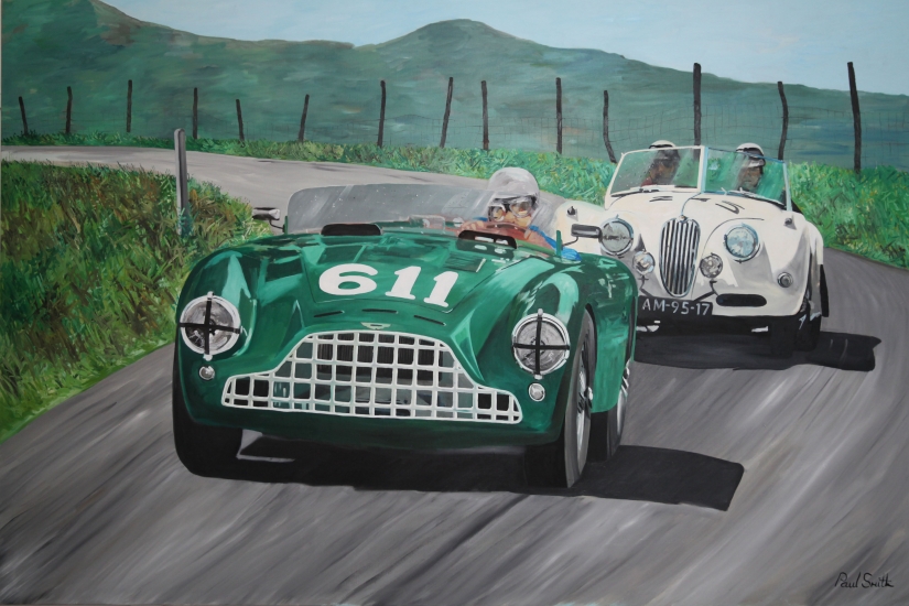 Mille Miglia.|Aston Martin DB3 and Jaguar XK120.|Original oil on canvas painting by artist Paul Smith.|Dimensions 72 x 108 inches(183 x 275cm).|SOLD