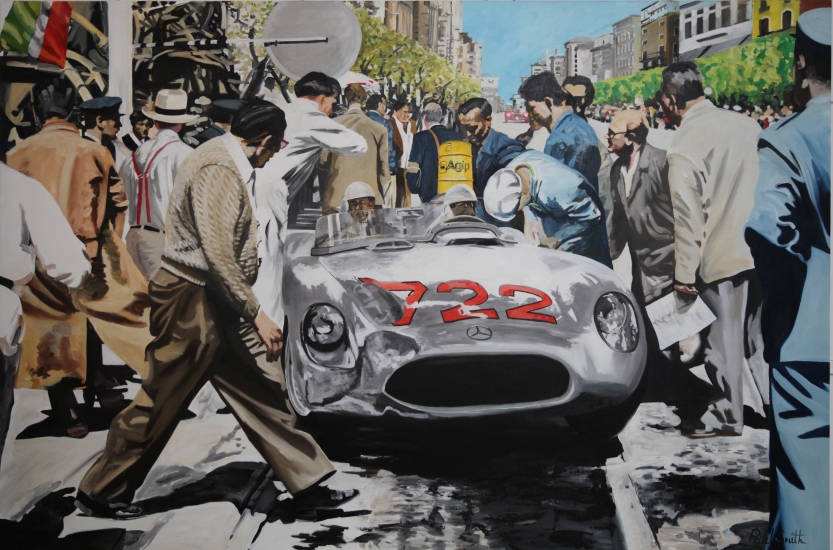 1955 Mille Miglia.|S.Moss-D.Jenkinson,tyre change and fuel Mercedes 300SLR.|Original oil on canvas painting by artist Paul Smith.|Dimensions 72 x 108 inches(183 x 275cm).|SOLD