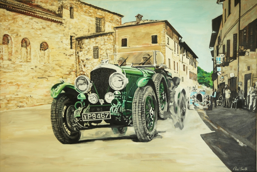 Commision painting for a smaller version that has been sold.|Mille Miglia  Bentley 6.5 Litre 1926.|Originla Oil Painting on linen canvas,|by Artist Paul Smith.80 x 120 cm.|Sold