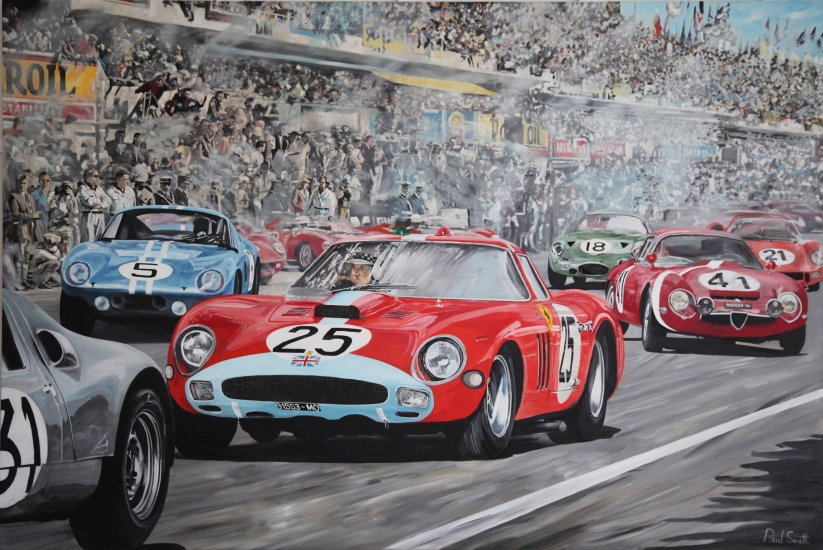 1964 Le mans.|Start with Ferrari 250 GTO.|Original oil on linen canvas painting by artist Paul Smith.|72 x 108 inches (183 x 275 cm).|Sold