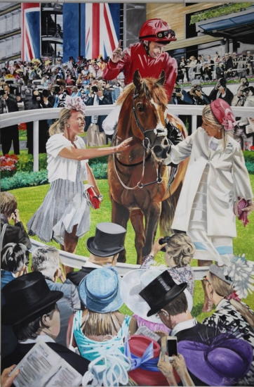 Eagle Top wins 2014 King Edward VII Stakes Royal Ascot, under William Buick.|Original oil painting on linen canvas.|By artist Paul Smith.|108 x 72 inches (275 x `83 cm).|Reserved