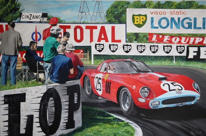 1964 Le Mans, Ferrari 250 GTO, Mulsane Corner.|Original oil paint on linen canvas painting by Artist Paul Smith.|H 72 x L108 inches (H183 x L275 cm).| SOLD