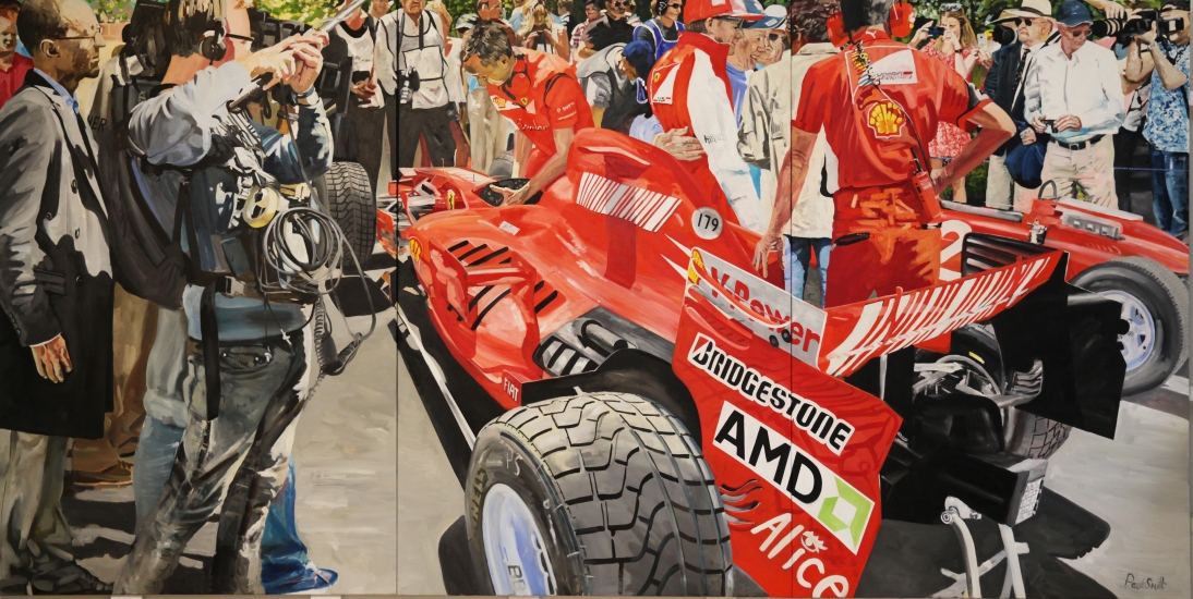 Televised interview with Kimi Raikkonen & John Surtees..|driving Ferrari  F2007 & Ferrari 158 at Goodwood Festival of Speed 2014.|  Original oil on Linen Canvas  painting by Paul Smith.|Triptych, painted on 3 separate canvas.|72 x 144 inches (183 x 366 cm).|For sale |SOLD