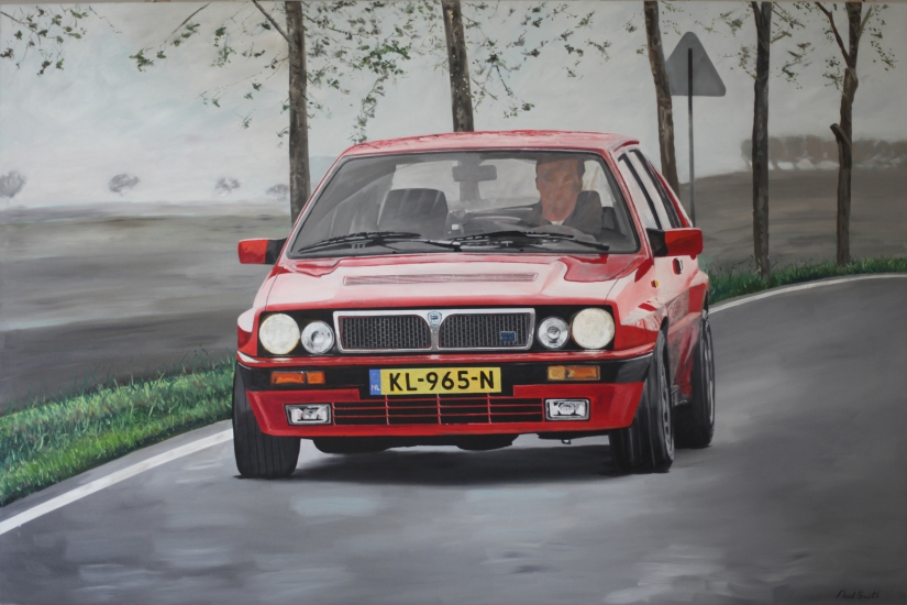 Lancia Delta.|Original oil paint on Linen canvas by artist Paul Smith.|H140 xW210cm.|Sold