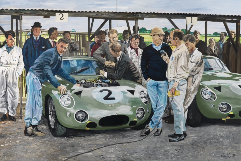 Aston Martin DP 214 Prototype,Stirling Moss, Innes Ireland & Bruce McLaren at Goodwood.|Original Oil on canvas painting by Paul Smith.| 72 x 108 inches, ( 183 x 275 cm).|SOLD