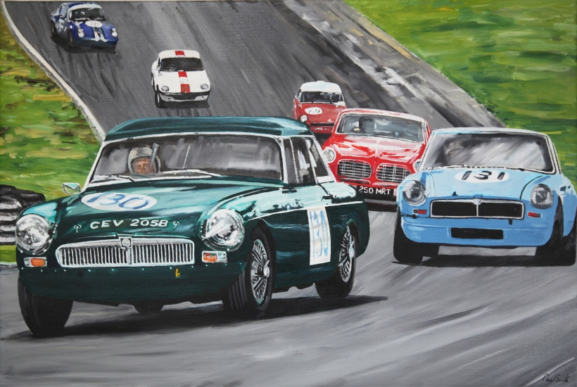 MGB Competition Roadster.CEV 205B.|Extensively racein 1960/1970s.|Shown in a typical period race  setting.|Original oil paint on Linen canvas painting by artist Paull Smith.|24 x 36 inches 61 x 91cm.|SOLD