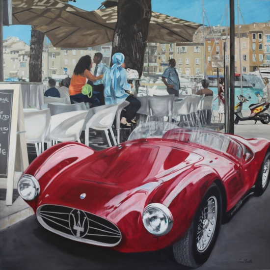 Maserati A6CGS,in St Tropez.|Original oil paint on Linen canvas painting by artist Paul Smith.|H 72 x L72 inches (H183 x L183 cm )|POA.