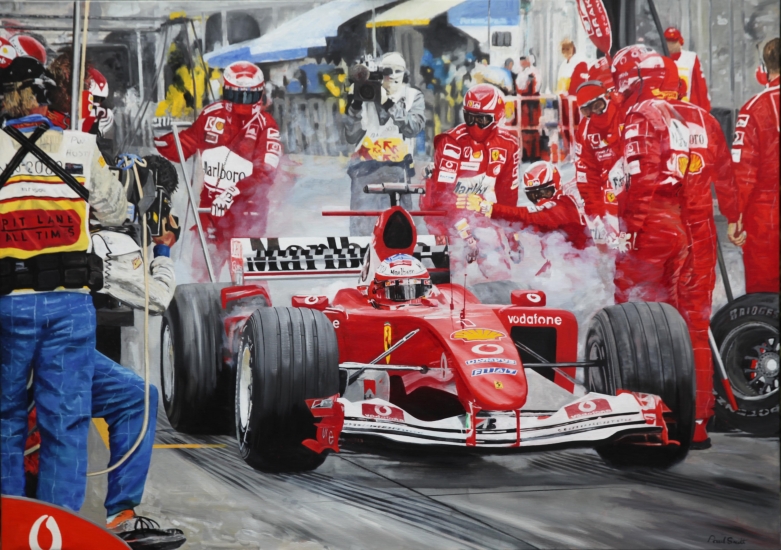 F1 Pit Stop 2003.|Original oil paint on Linen canvas painting by Paul Smith.|H46 x W65 inches (H117 x W 165cm).|8000.