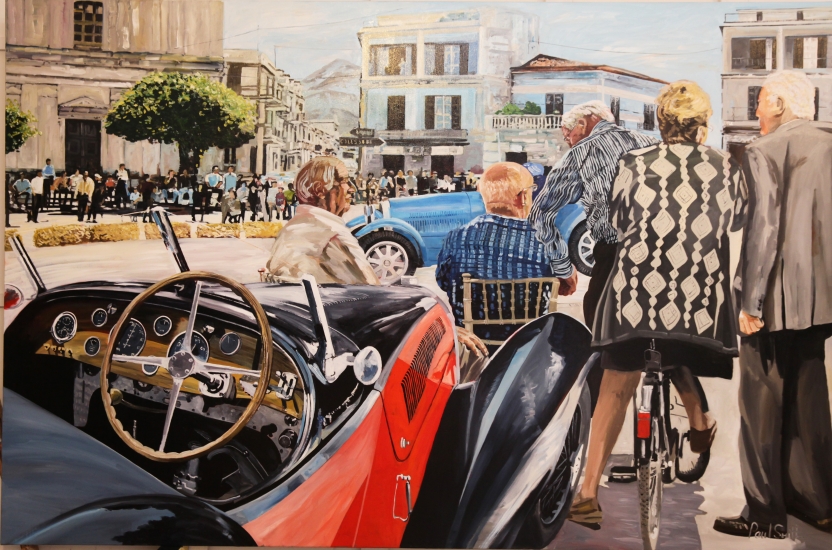 Mille Miglia.|Roadside view with two Bugatti.|Original oil on canvas painting by Artist Paul Smith.|72 x 108 inches (183 x 275 cm).| POA.