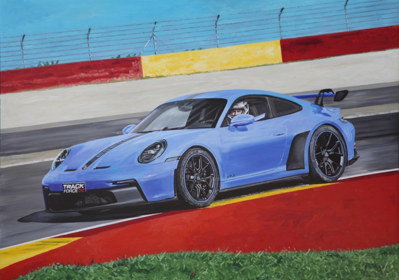 Oscar driving Porsche GT3.|Original Oil paint on Linen by artist Paul Smith.|H100 x W140 cm.|Sold