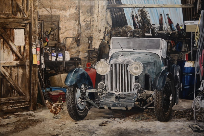 Aston Marti MK II, 1934.||Original oil paint on linen canvas painting by Artist Paul Smith.|H7 48 x L72 inches (H122 xL183 cm.| SOLD