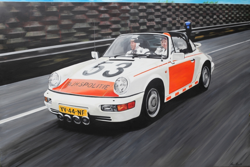 Police Porsche 964.|Original oil paint on Linen canvas.|H140 x W210cm.|Sold.