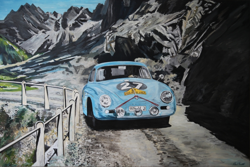 Commission painting of a smaller version of a previous painting.| Porsche 356 A Carrera.|On a mountain road on its way to fabtatstic win in the 1959 Liege Rome Liege Rally.|Driven by Paul Ernst Strahler and Robert Buchet.|122 x 183 cm.|Sold.