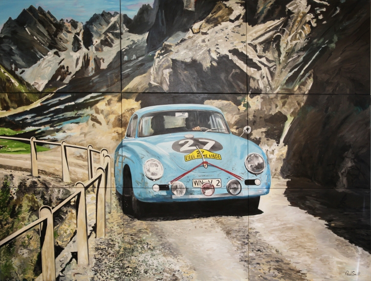 Porsche 356 A Carrera, on a mountain road on its way to a fantastic win,| in the 1959 Liege Rome Liege rally.|Driven by Paul Ernst Strahler and Robert Buchet.| Original oil paint on linen canvas painting by artist Paul Smith.|Multi canvas painting on 9 separate canvases 108 x 144 inches (275 x 366 cm).| POA