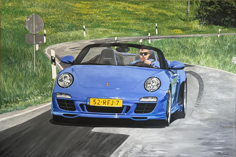 Porsche 997 Speedster, colour Pure Blue in a Landscape.|Oiginal oil paint on linen canvas, by artist Paul Smith.|H140 x L210 cm.|Sold.