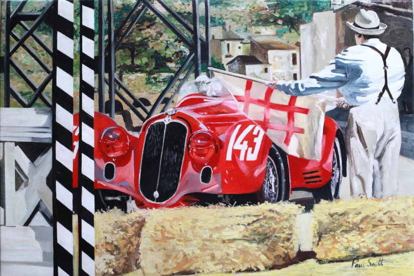 Mille Miglia with Alfa Romeo.|Original oil paint on Linen canvas painting by artist Paul Smith.|24 x 36 inches 61 x 91 cm.| £3000.00