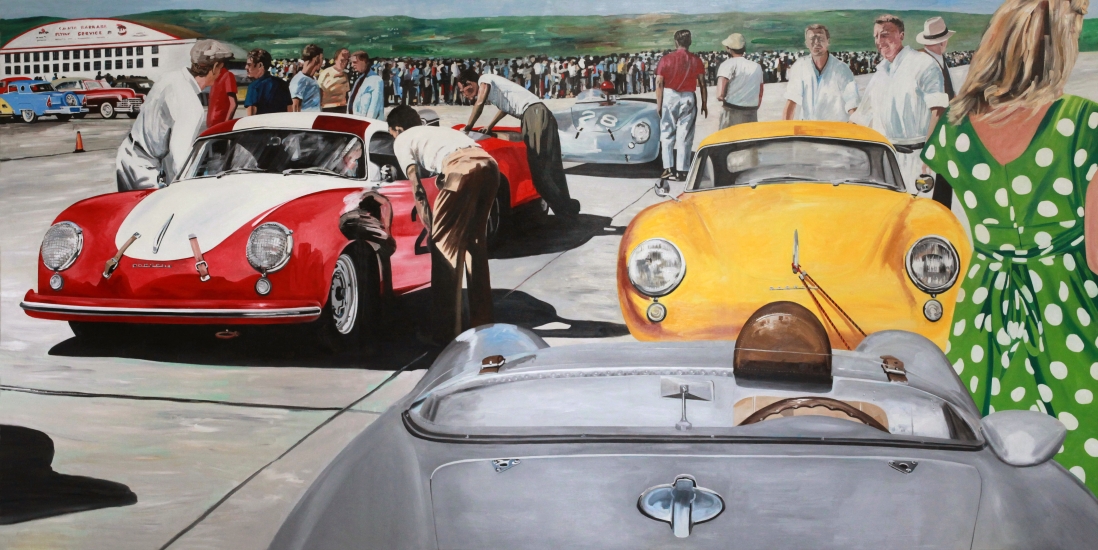 Porsche at Santa Barbara road race.|Oil on canvas painting by Artist Paul Smith.|36 x 72 inches. 91 x 183 cm.|�00.00