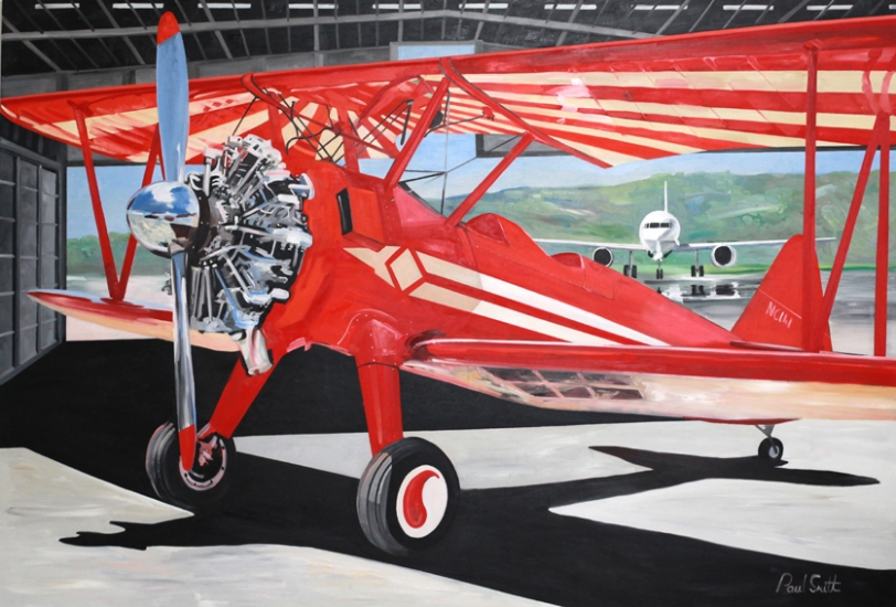 Stearman at the back of the hanger.|Original oilon linen canvas painting by artist Paul Smith.|72 x108 inches (183 x 275cm).| POA.