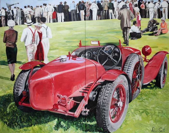 Alfa Romeo 2300 Monza and spectators.|Oil on canvas.|Diptych.|Painted on two seperate canvases.|Overall 183 x 234cm(72 x 92inches).|�SOLD.