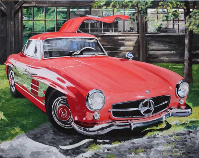 Mercedes 300 Sl Gullwing.|At HK Engineering ,Germany.||Oil on Canvas.|36 x 46 inches (91 x 117 cm)|Sold