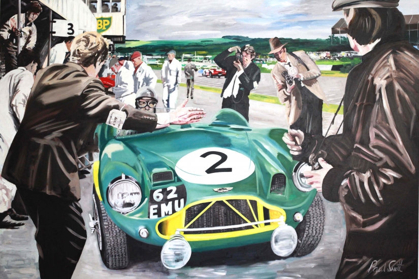 1955 Goodwood 9 hours,pit stop for the winning Aston Martin DBR 3 driven by Peter Collins and Tony Brooks|Oil on canvas 72 x 108 inches ( 183 x 275cm)|SOLD