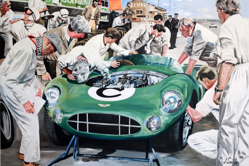 Le Mans 24 hours 1959,pit stop for Carroll Shelby and Roy Salvadori and the winning Aston Martin DBR1|Oil on canvas, 72 x 108 inches ( 183 x 275 cm)|SOLD