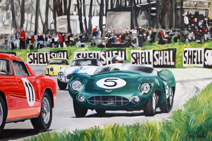 Le Mans 24 hours 1959, Carrol Shelby drives the winning Aston Martin DBR1|Oil on canvas, 72 x 108 inches (183 x 275 cm)|SOLD