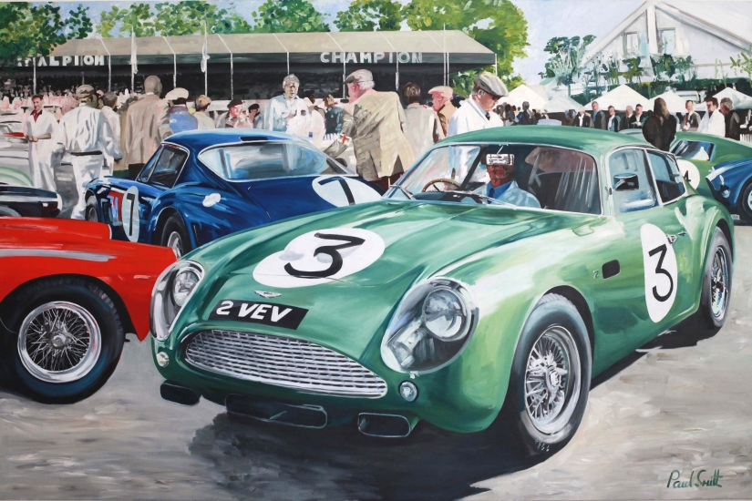 1961 Goodwood TT,Paddock scene before the race,Jim Clark drives the Aston Martin DB4GT Zagarto|Oil on canvas, 72 x 108 inches (183 x 275 cm)|SOLD