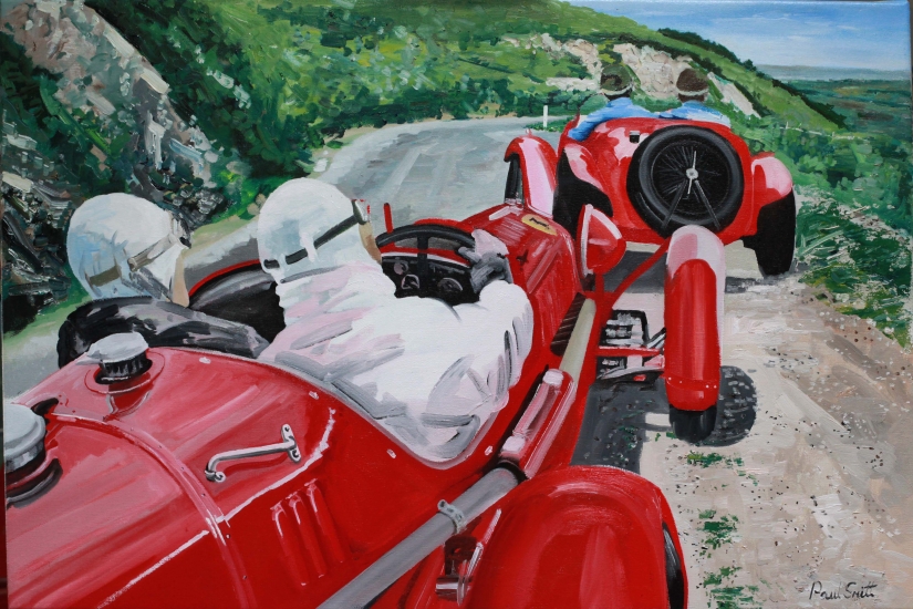 Mille Miglia 1936 Alfa Romeo 2900B.|What a race.|what a great car, I can just imagine the scream of supercharged motor,change down a gear just before the bend  and overtake the car in front.|Oil on canvas.|24 x 36 inches (61 x 91cm)|SOLD