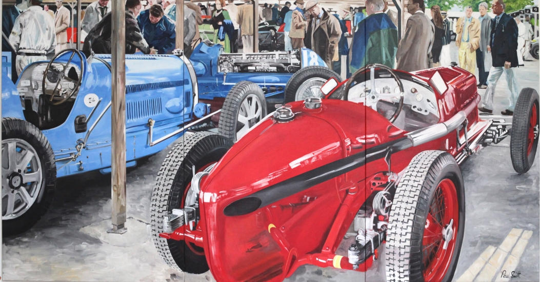 Alfa Romeo and Two Bugatti| Oil on Canas|Painted on three seperate panels|Overall 72 x 138 inches ( 183 x 350 cm)|SOLD