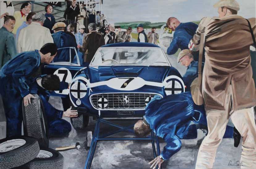 August 19th 1961.|Victory for Stirling Moss at the legendary Goodwood TT.|Stopping for a pit stop for fuel and tyres.|Oil on Canvas.|72 x 108 inches 183 x 274 cm. SOLD