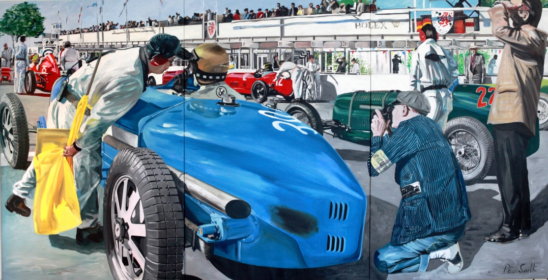 Bugatti Type 54,on the starting grid with other GP cars at Goodwood|Triptych, Painted on 3 seperate canvases|72 x 144 inchs ( 183 x 366cm)|SOLD