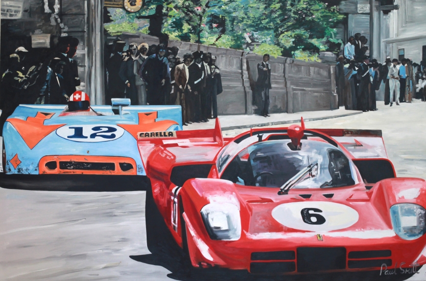 1970 Targa Florio.|The wining Gulf Porsche 908 Spyder,driven by|Joe Siffert and Brian Redman.|With Ferrari 512s driven by local hero Vaccarella, race through Campofelice high street.|72 x 108 inches ( 183 x 275 cm )|Oil on canvas|SOLD