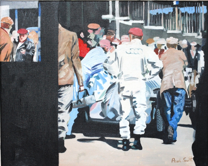 Paddock scene with Auto Union.|16 x 20 inches (41 x 51 cm).| Oil on canvas.|� POA.