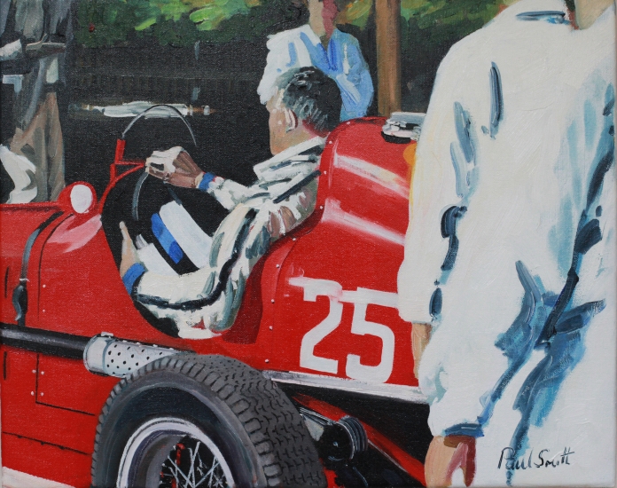 Paddock scene with Maserati.|16 x 20 inches (41 x 51 cm).|Oil on canvas.|SOLD