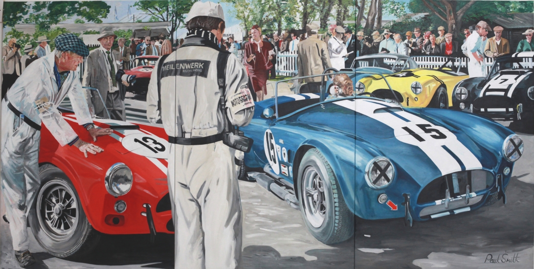 1964 AC Cobra with Jochen Mass at Goodwood.|Triptych, painted on 3 seperate canvases.|72 x 144 inches (183 x 366cm).|SOLD