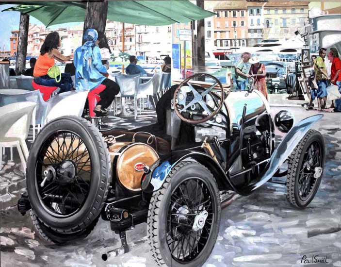 Bugatti Brescia in St Tropez..|Diptych, Painted on two seperste canvases,Overall 72 x 92 inches (183 x 234 cm). �SOLD