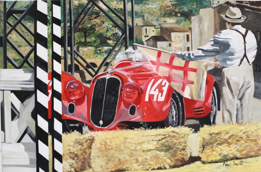 Mille Miglia 1938, Alfa Romeo 2900 MM Touring.| Harzard warning at entrance to the bridge at Popoli.|Oil on canvas.|24 x 36 inches (61 x 91cm).|SOLD