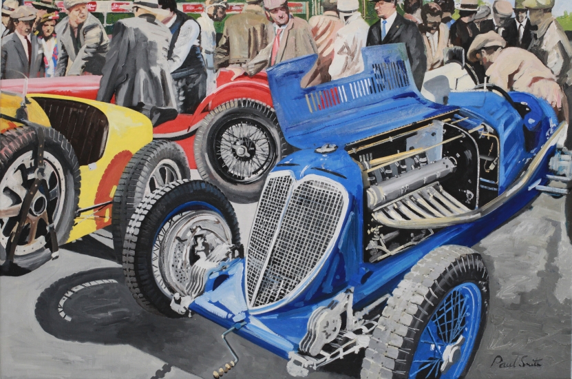 Targa Florio 1935.|Paddock scene with Maserati and Bugatti.|Oil on Canvas.|24 x 36 inches (61 x 91 cm).|� Sold