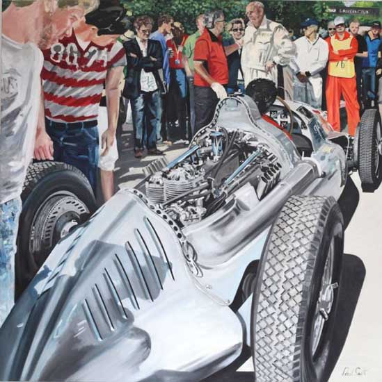 1939 Auto Union Type D at Goodwood with Hans Stuck.|Oil on canvas.|72 x 72 inches 183 x 183 cm.| �Sold