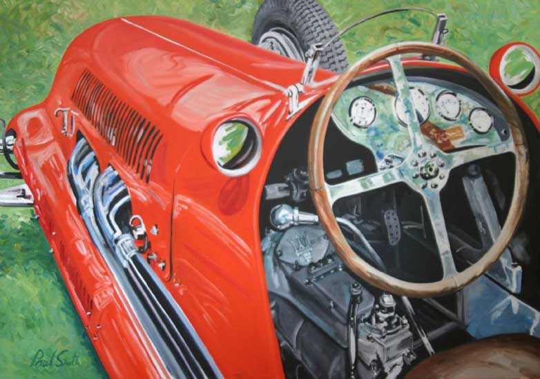 1938 Maserati 8c composition 2. Oil on canvas 46 x 65 inches (117 x 165cm). SOLD