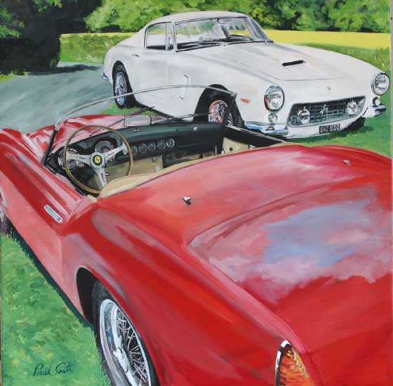 Ferrari 250 GT California Spyder and 250 GT SWB.. Oil on canvas 36 x 36 inches (92 x 92 cm). � POA