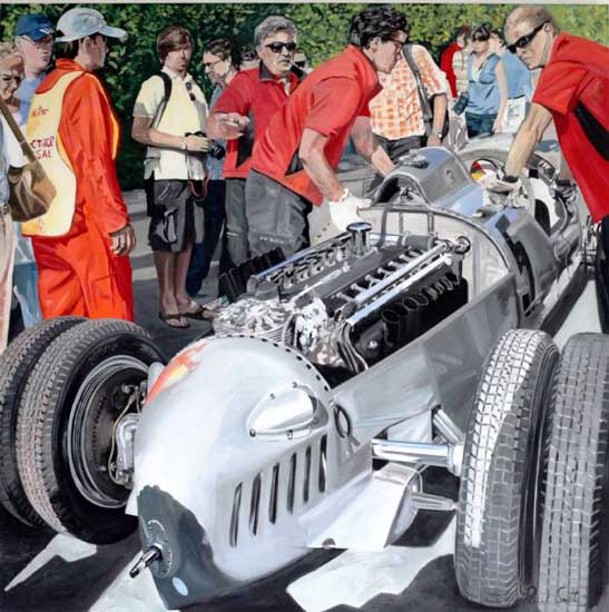 1936 Auto Union Type C at Goodwood,|Oil on canvas.|72 x 72 inches 183 x 183 cm. �POA