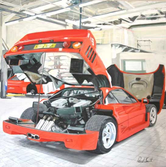 F40 in Maranello . Oil on canvas 46 x 46 inch (117 x 117cm). SOLD