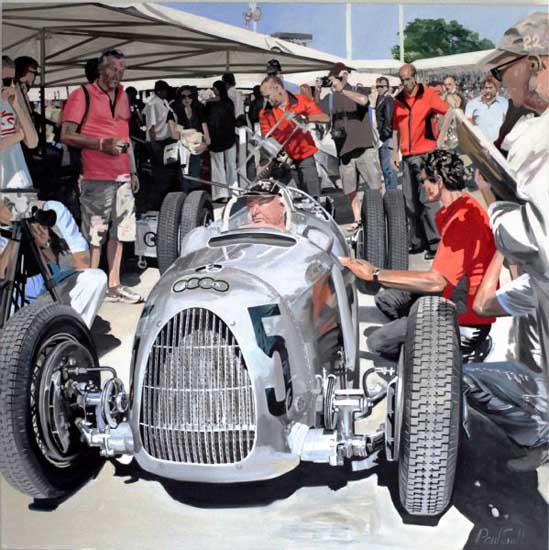 1936 Auto Union Type C at Goodwood,view from the front.|Oil on canvas.|72 x 72 inches 183 x 183 cm.|� SOLD