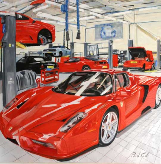 Ferrari Enzo at Marranello . Oil on canvas 46 x 46 inch (117 x 117 cm). SOLD