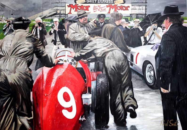 July 1954 Silverstone British GP | 96 x 138 inches (244 x 351 cm) | Oil on Wood Panel