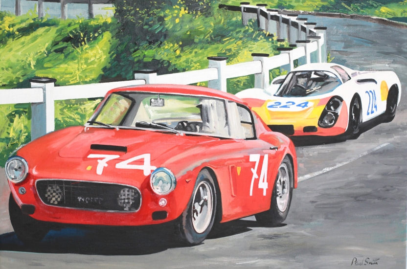 Targa Florio 1967.|Ferrai 250 SWB and Porsche 908.|Oil on Canvas.|24 x 36 inches (61 x 91cm).|SOLD