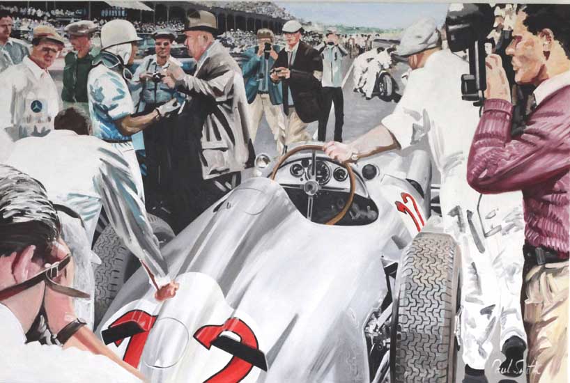 Stirling Moss 1955 British GP.|Stirling Moss talks with the manager of Mercedes Benz Motor Sport Alfred Neubauer.|This was to be a famous win for Moss, with the world champion Juan Manal Fangio in second place,|both in Mercedes W196.|Oil on canvas.|48 x 72 inches  (122 x 183 cm).SOLD