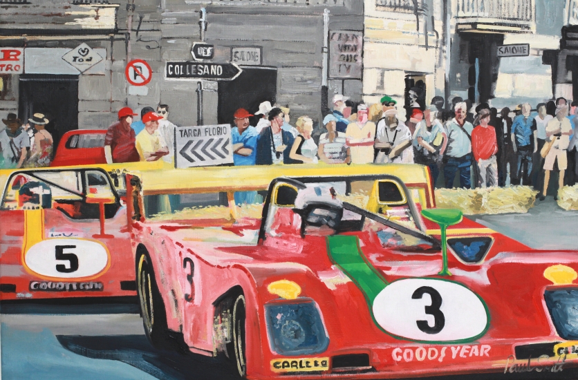 Targa Florio 1973.|Ferrari 312P driven by Nino Vaccarella.|Oil on Canvas.|24 x 36 inches (61 x 91 cm).|SOLD